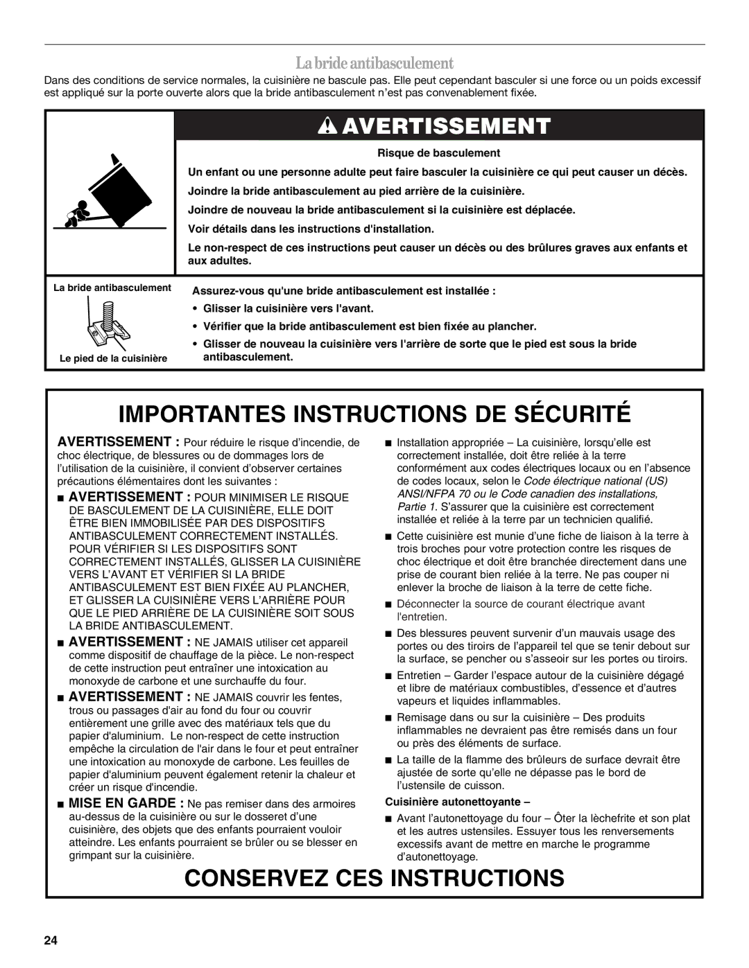 Whirlpool W10110368 manual Importantes Instructions DE Sécurité, Labrideantibasculement 