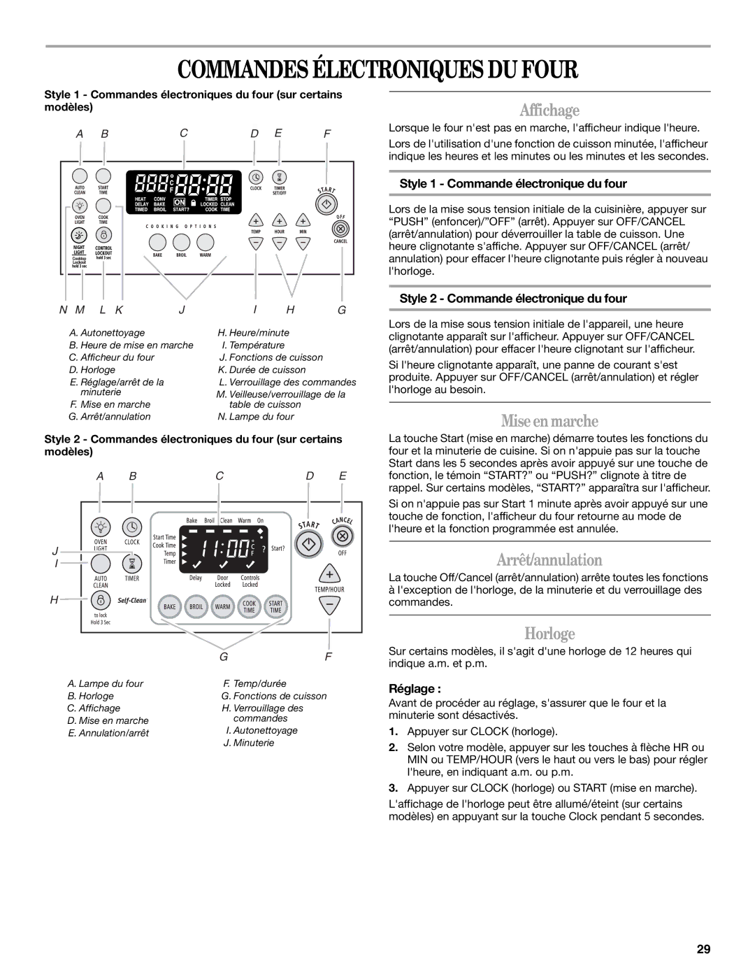 Whirlpool W10110368 manual Commandes Électroniques DU Four, Affichage, Miseen marche, Arrêt/annulation, Horloge 