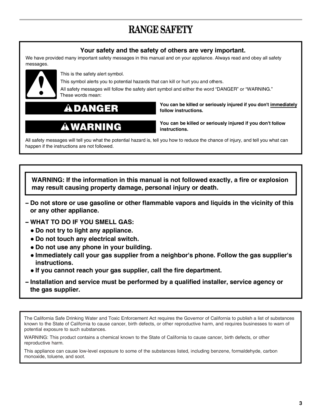 Whirlpool W10110368 manual Range Safety, Your safety and the safety of others are very important 