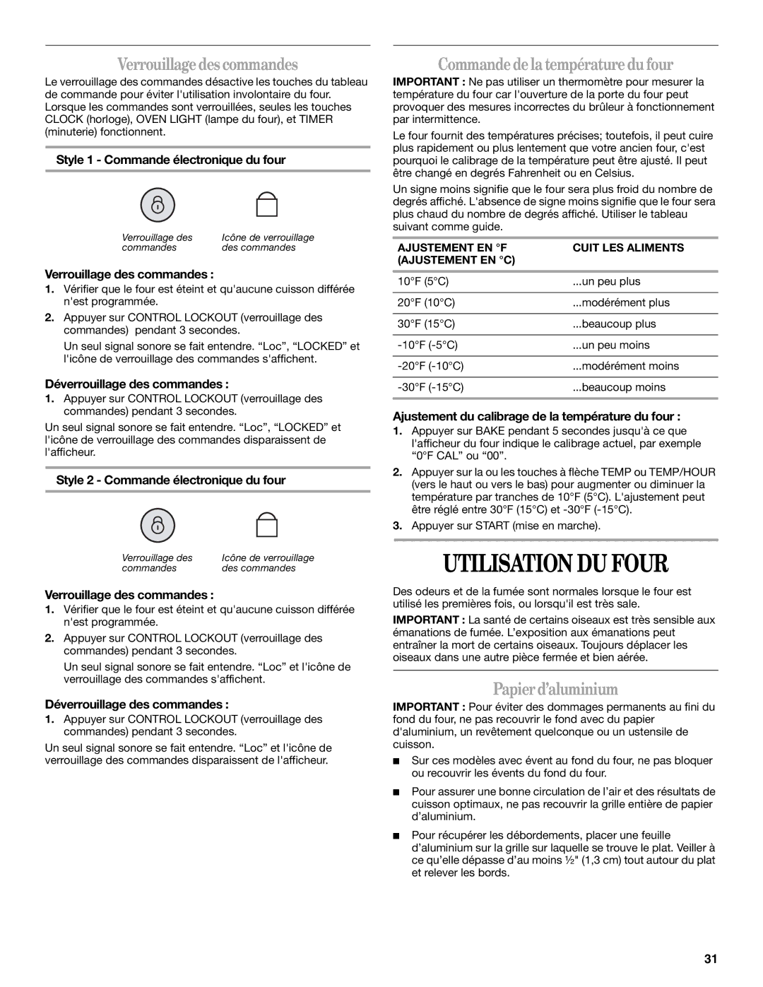 Whirlpool W10110368 Utilisation DU Four, Verrouillagedes commandes, Commandedelatempératuredu four, Papierd’aluminium 