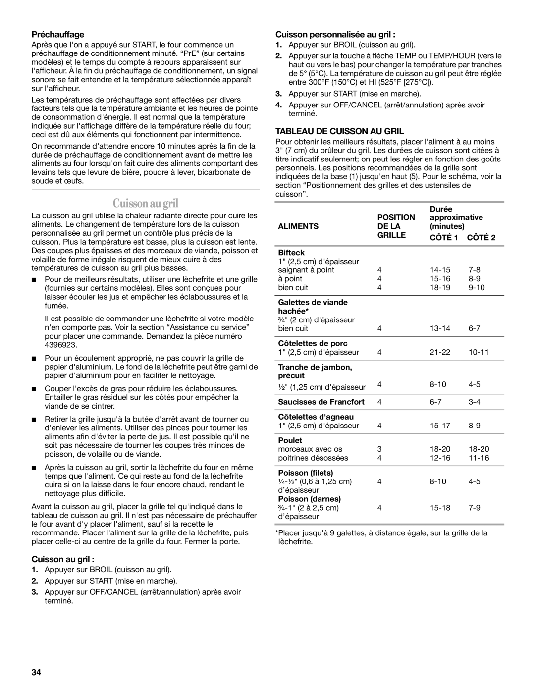 Whirlpool W10110368 manual Cuissonau gril, Préchauffage, Cuisson au gril, Cuisson personnalisée au gril 