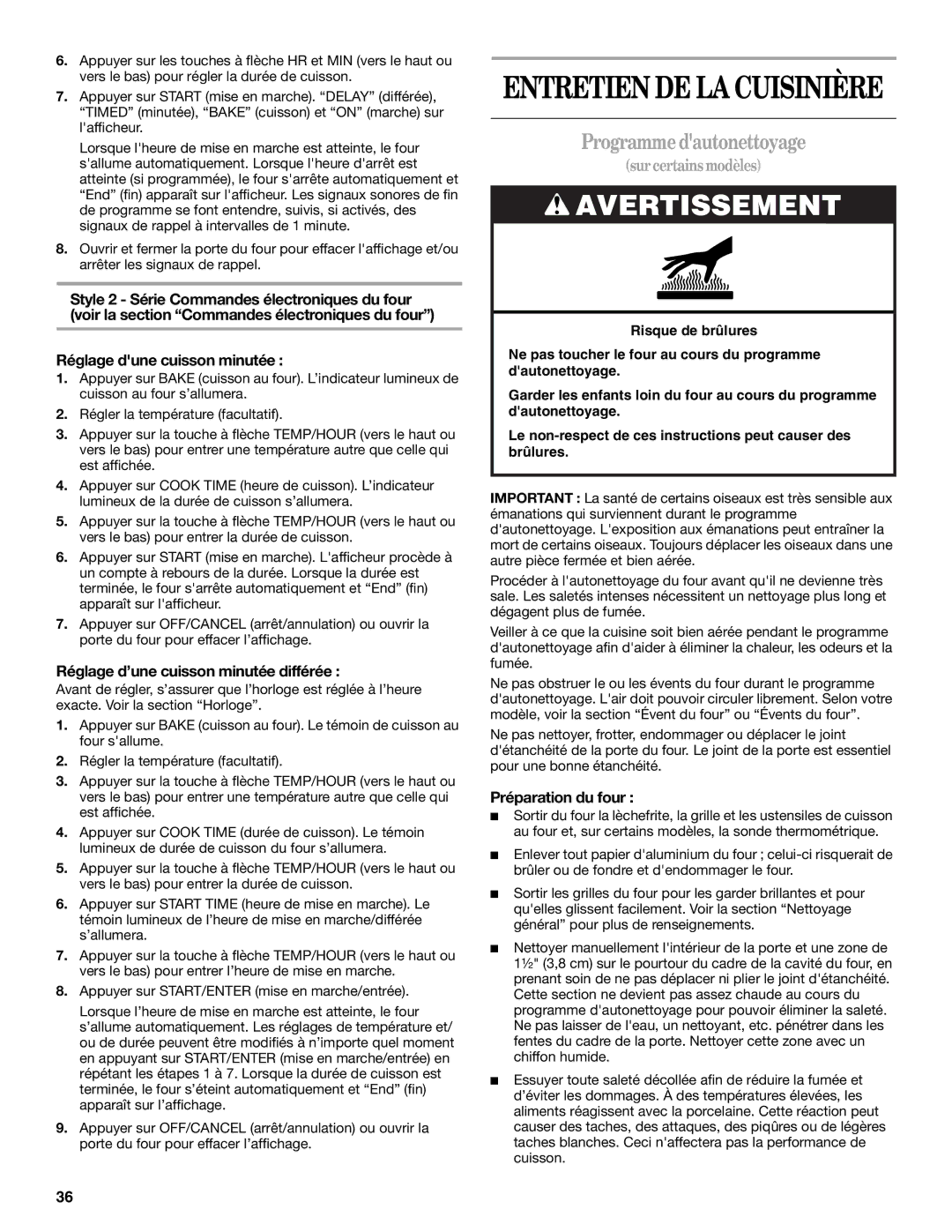 Whirlpool W10110368 manual Programmedautonettoyage, Réglage d’une cuisson minutée différée, Préparation du four 