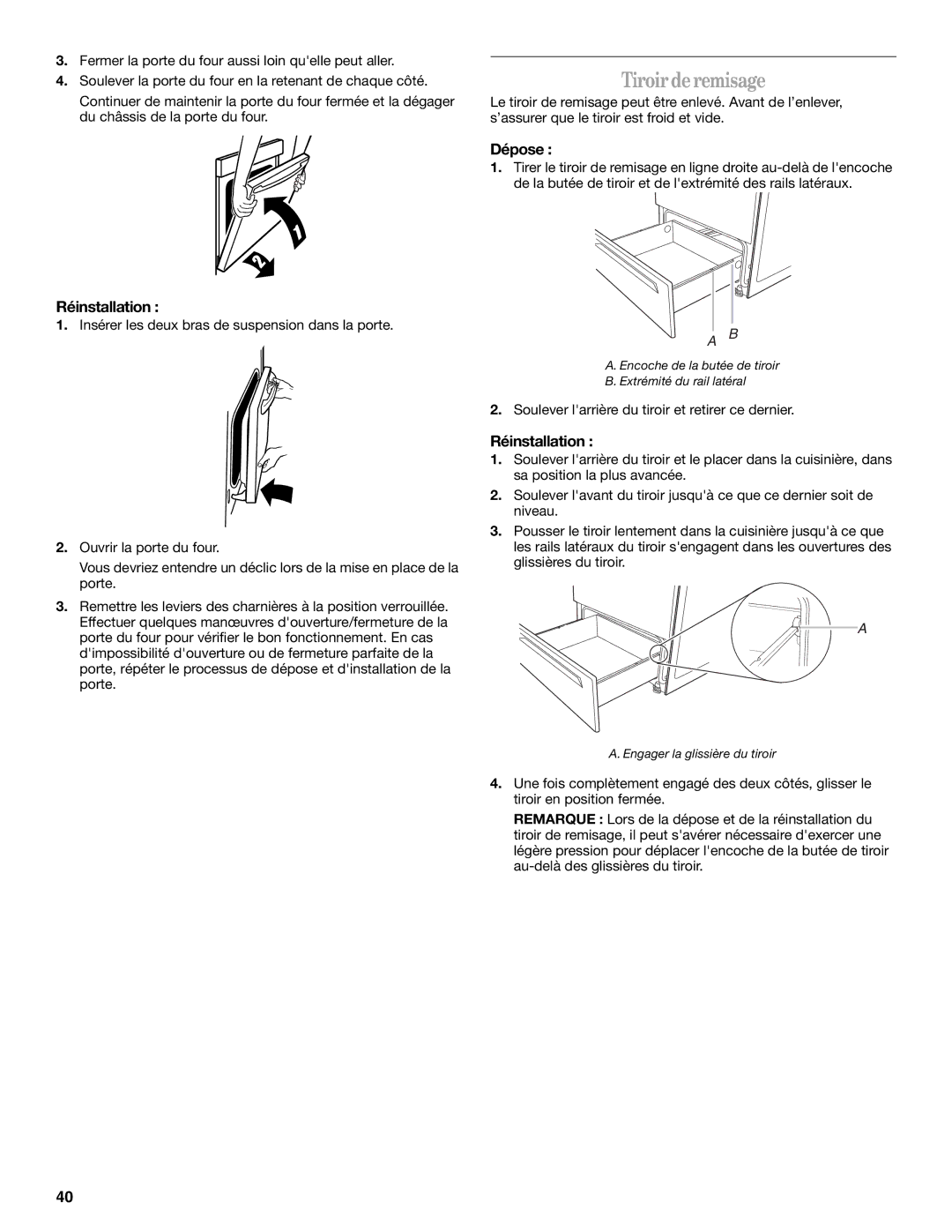 Whirlpool W10110368 manual Tiroirderemisage, Réinstallation 