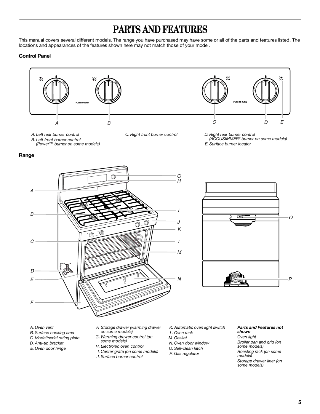 Whirlpool W10110368 manual Parts and Features, Control Panel, Range 