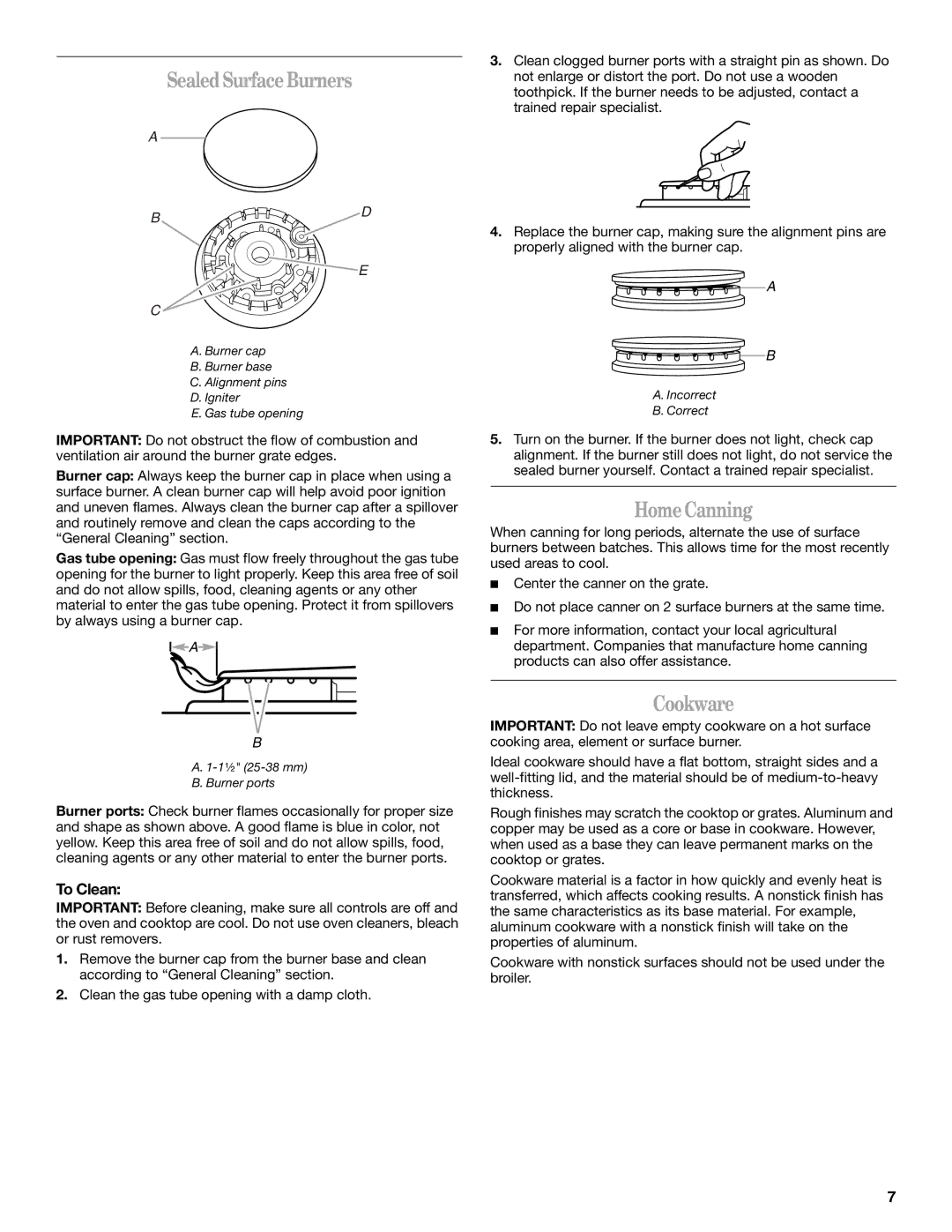 Whirlpool W10110368 manual SealedSurfaceBurners, HomeCanning, Cookware 