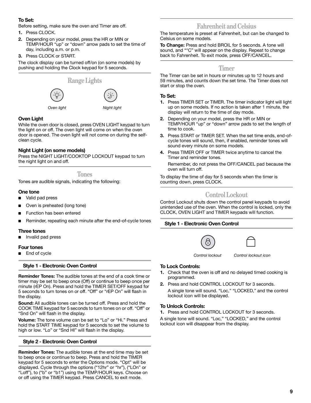 Whirlpool W10110368 manual RangeLights, Tones, FahrenheitandCelsius, Timer, ControlLockout 