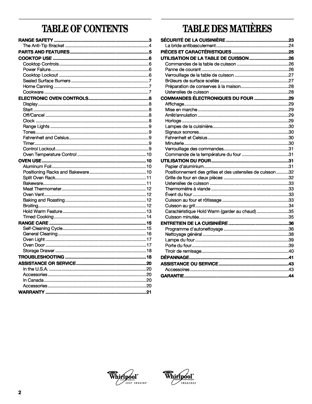 Whirlpool W10110368 manual Table Of Contents, Table Des Matières 