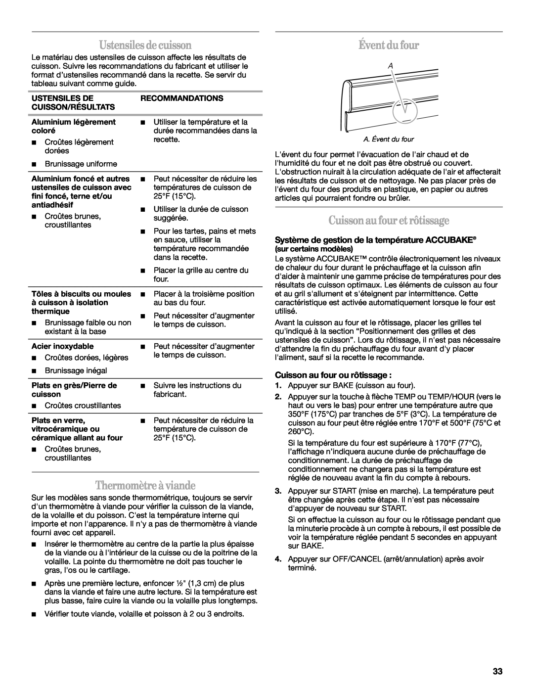 Whirlpool W10110368 manual Thermomètreà viande, Éventdu four, Cuissonau fouretrôtissage, Ustensiles decuisson 