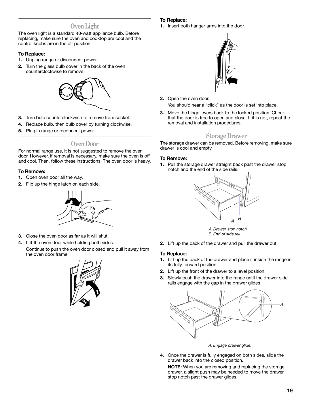 Whirlpool W10110369 manual Oven Light, Oven Door, Storage Drawer, To Replace, To Remove 