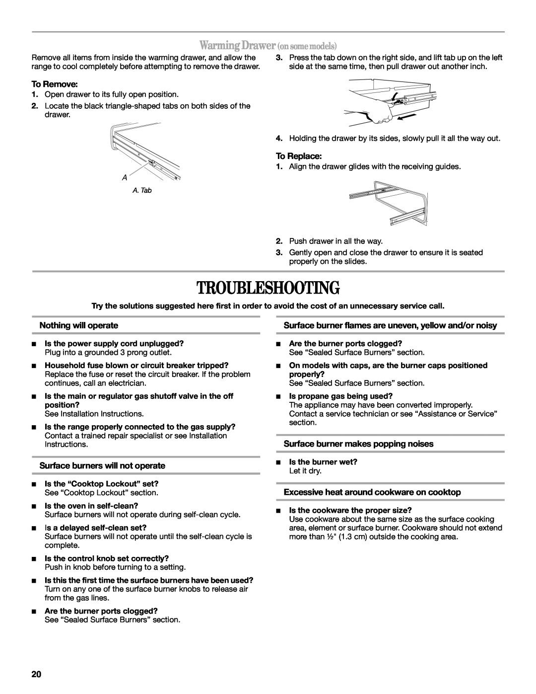 Whirlpool W10110369 manual Troubleshooting, Warming Drawer on some models, To Remove, To Replace, Nothing will operate 