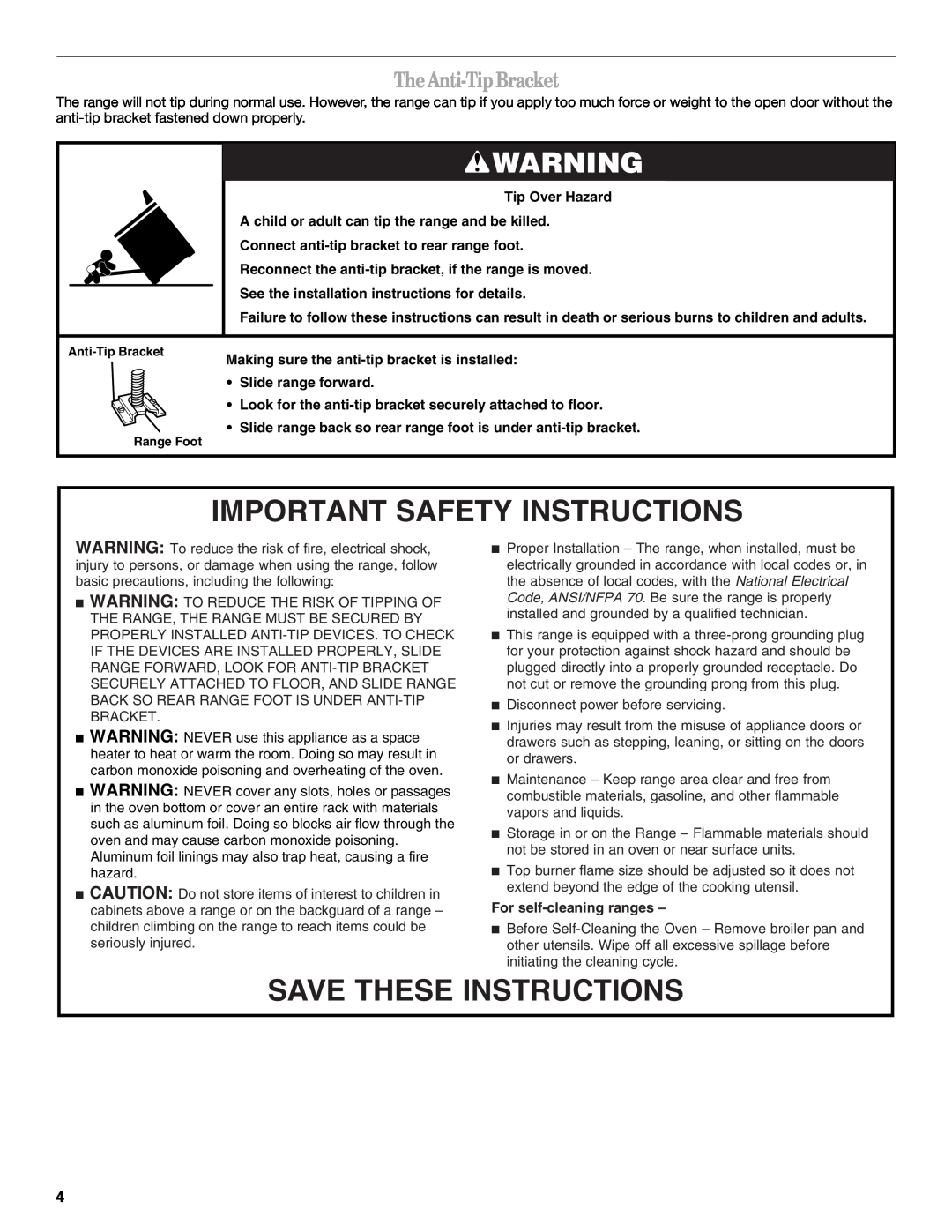 Whirlpool W10110369 The Anti-Tip Bracket, Important Safety Instructions, Save These Instructions, For self-cleaning ranges 