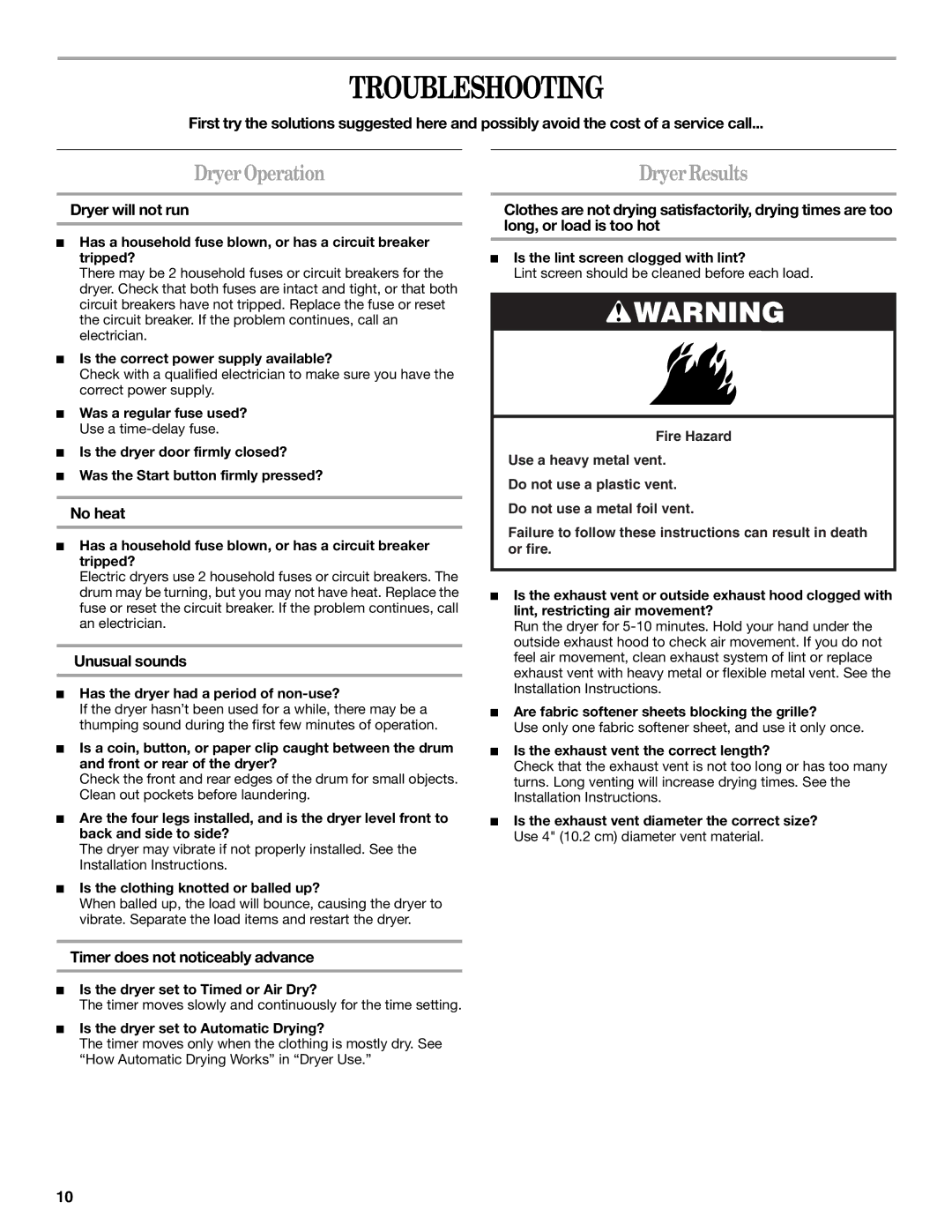 Whirlpool W10110521 manual Troubleshooting, Dryer Operation 