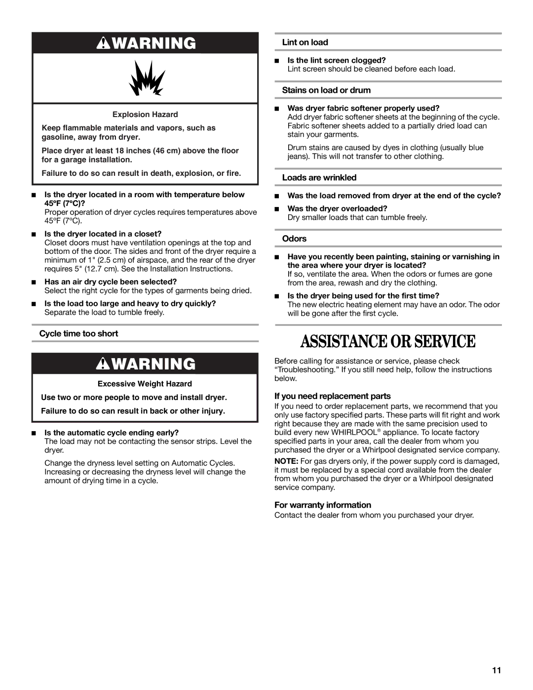 Whirlpool W10110521 manual Assistance or Service 