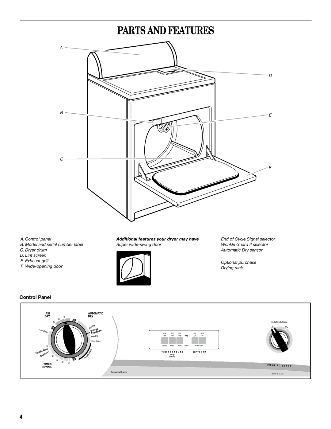 Whirlpool W10110521 manual Parts and Features, Control Panel 