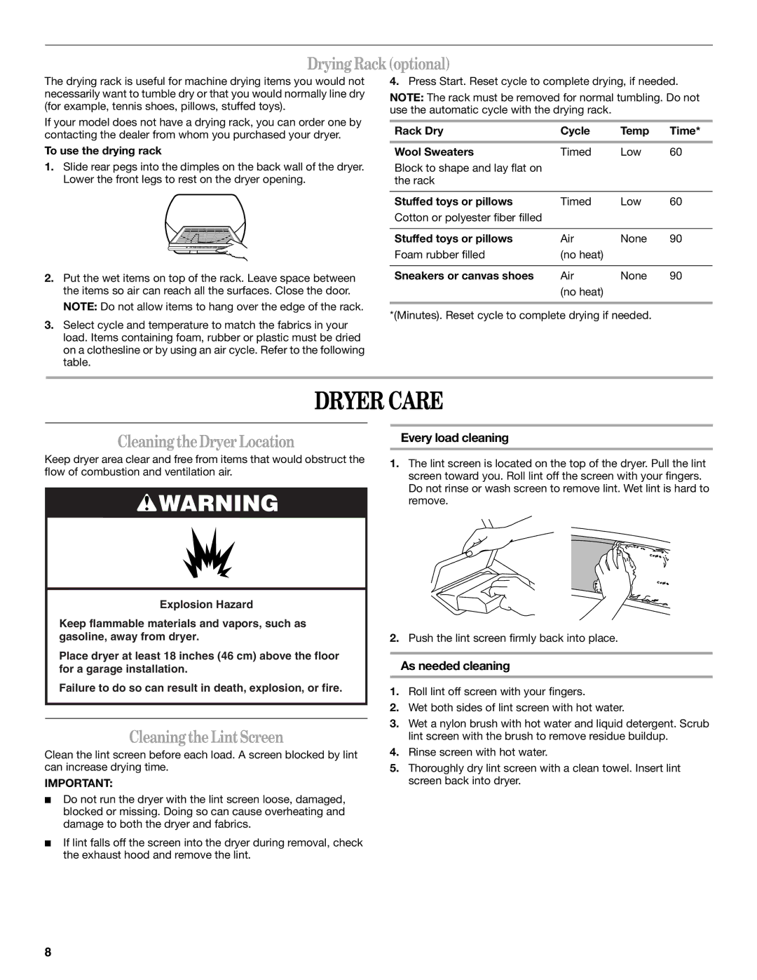 Whirlpool W10110521 manual Dryer Care, Drying Rack optional, Cleaning the Dryer Location, Cleaning the Lint Screen 