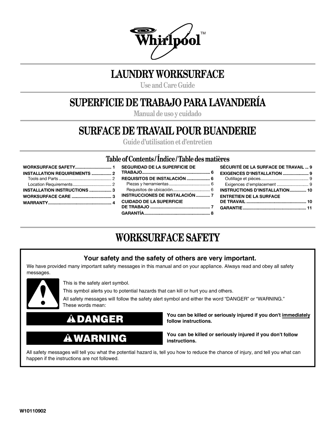 Whirlpool W10110902 installation instructions Laundry Worksurface, Superficie DE Trabajo Para Lavandería 