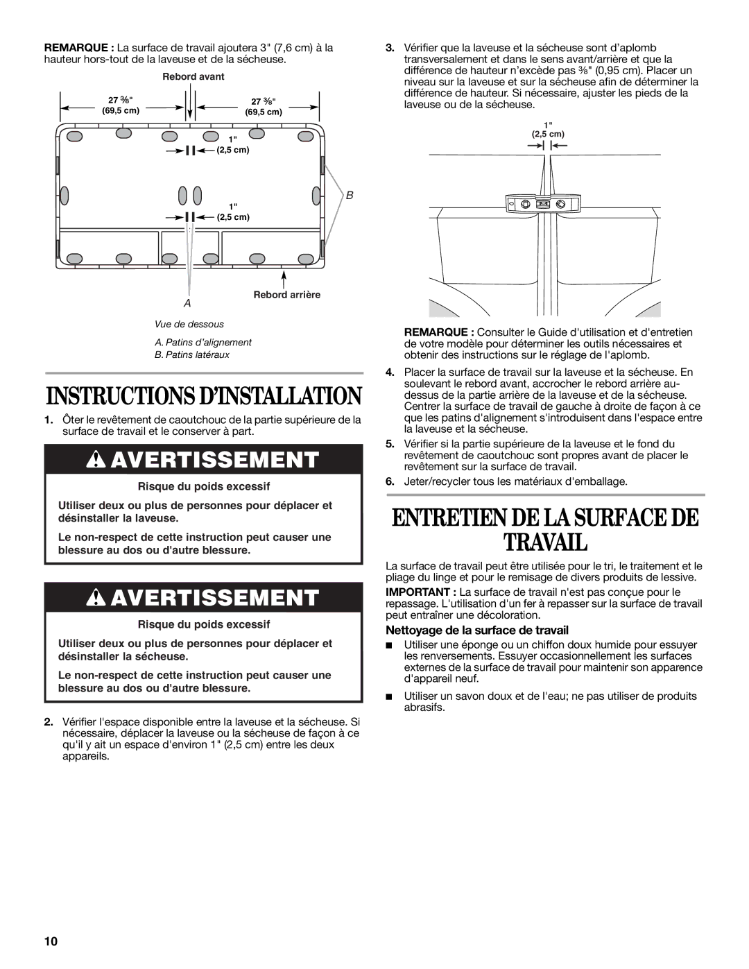 Whirlpool W10110902 installation instructions Travail, Nettoyage de la surface de travail 