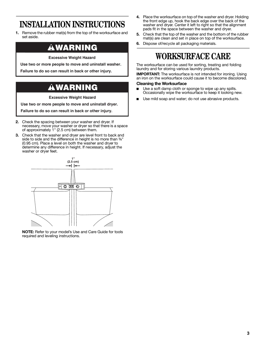 Whirlpool W10110902 installation instructions Worksurface Care, Cleaning the Worksurface 