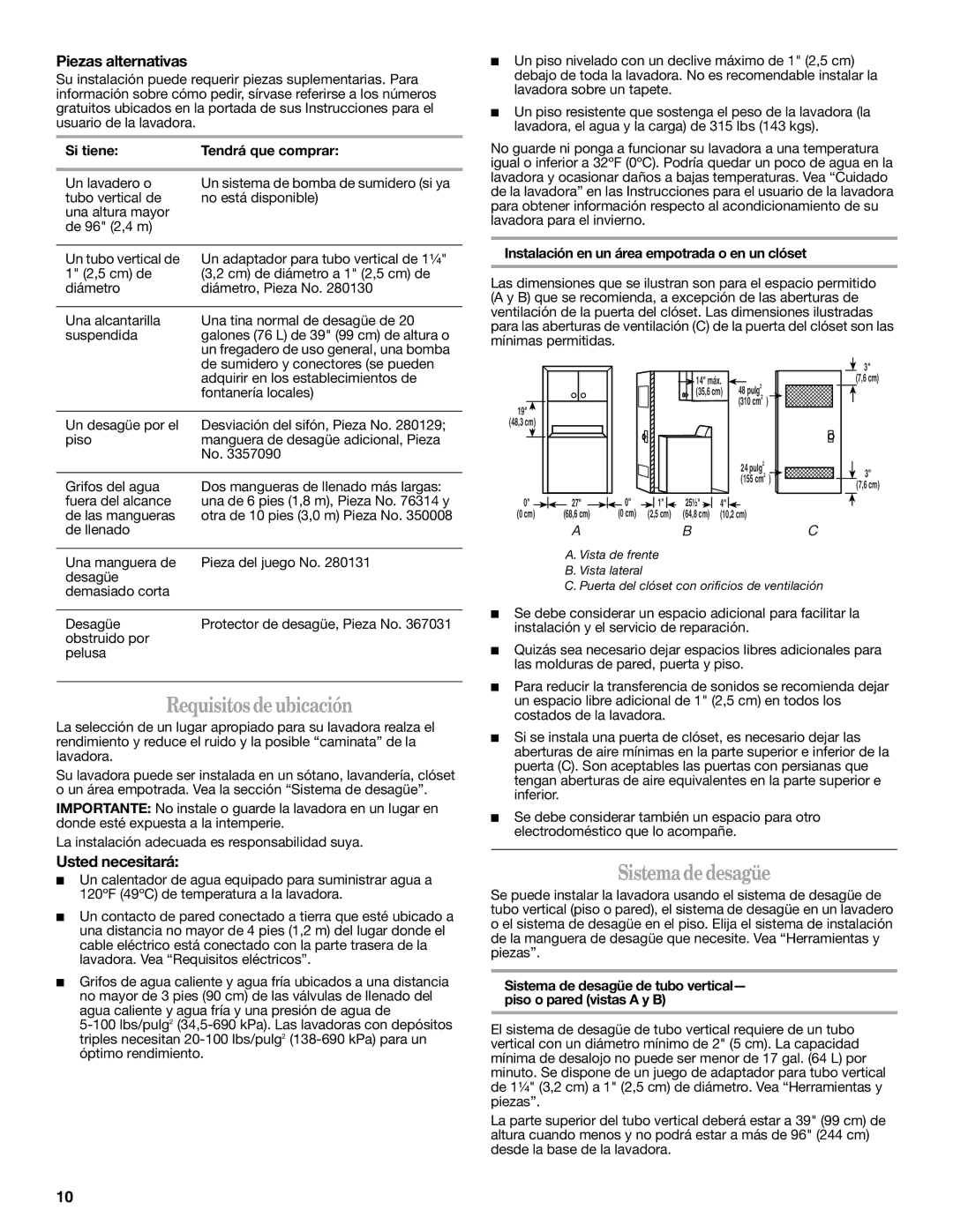 Whirlpool W10112488 Requisitos de ubicación, Sistema de desagüe, Piezas alternativas, Usted necesitará 