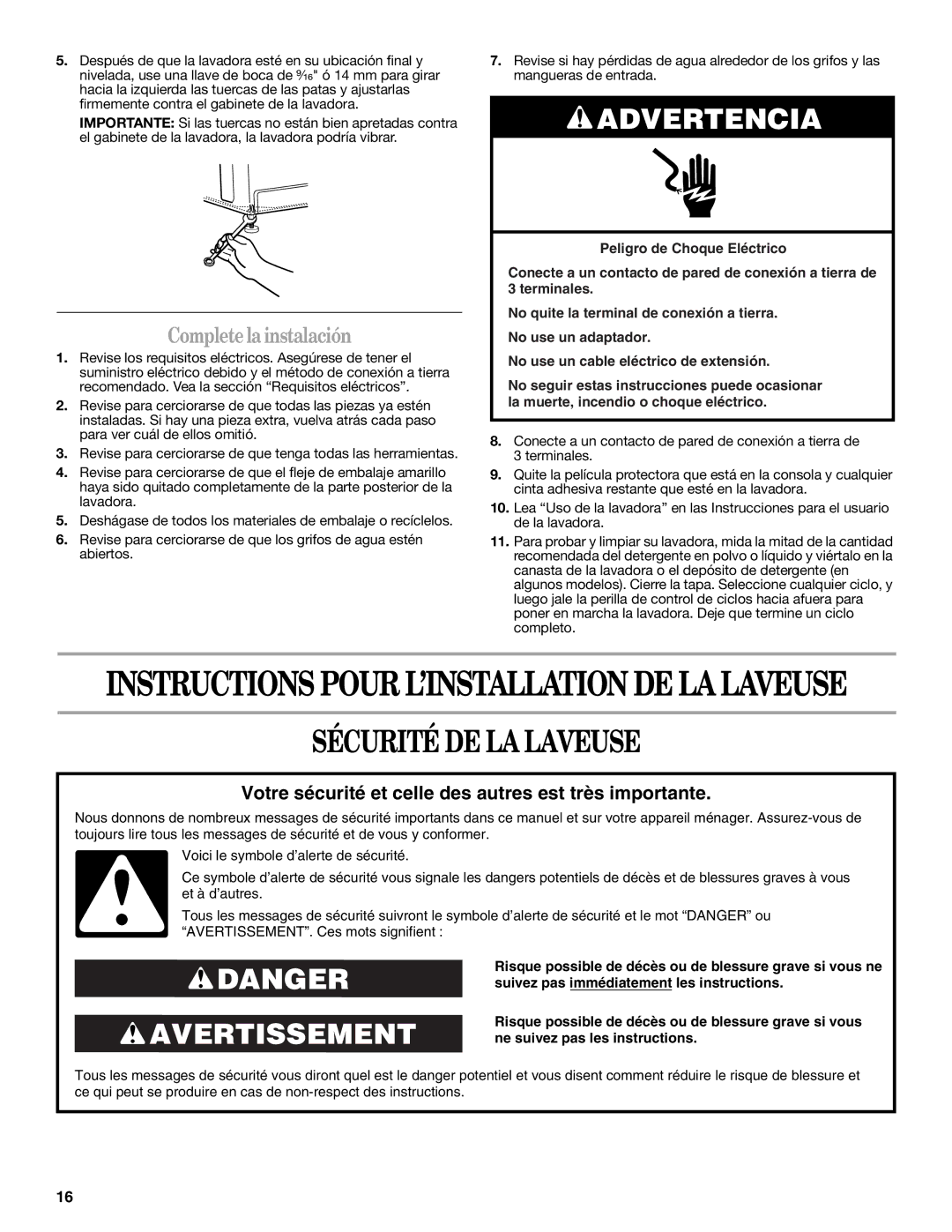 Whirlpool W10112488 installation instructions Sécurité DE LA Laveuse, Complete la instalación 