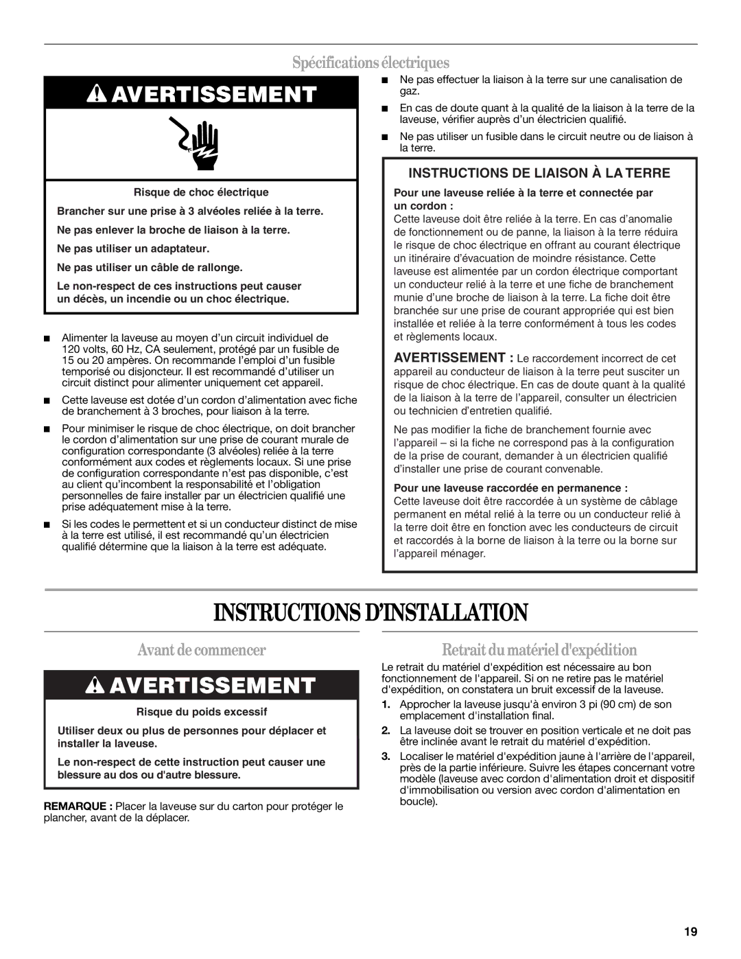 Whirlpool W10112488 installation instructions Instructions D’INSTALLATION, Spécifications électriques, Avant de commencer 