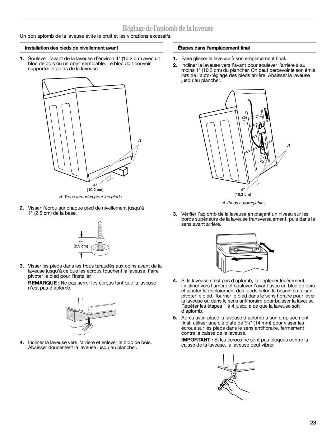 Whirlpool W10112488 installation instructions Réglage de l’aplomb de la laveuse 