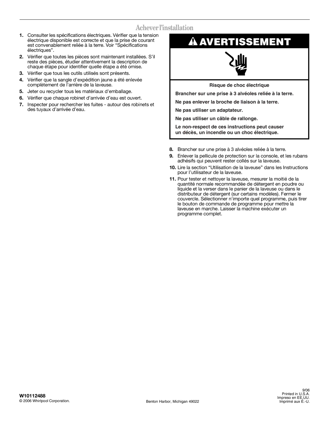 Whirlpool W10112488 installation instructions Achever l’installation 