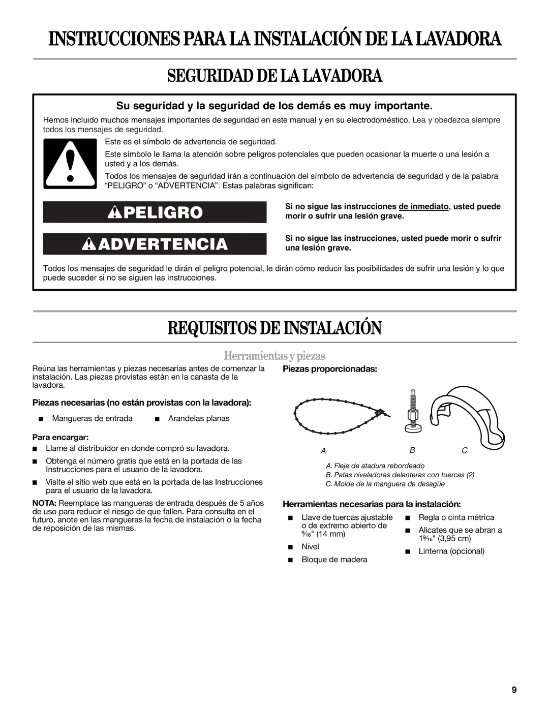 Whirlpool W10112488 installation instructions Seguridad DE LA Lavadora, Requisitos DE Instalación, Herramientas y piezas 