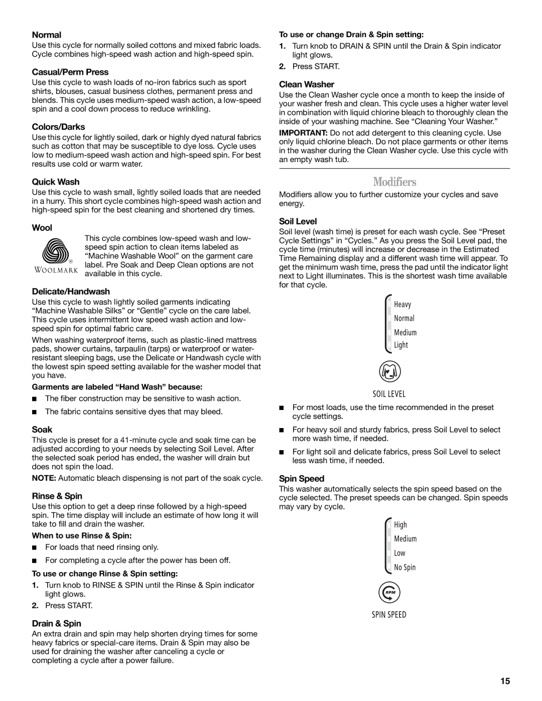 Whirlpool W10113000A manual Modifiers 