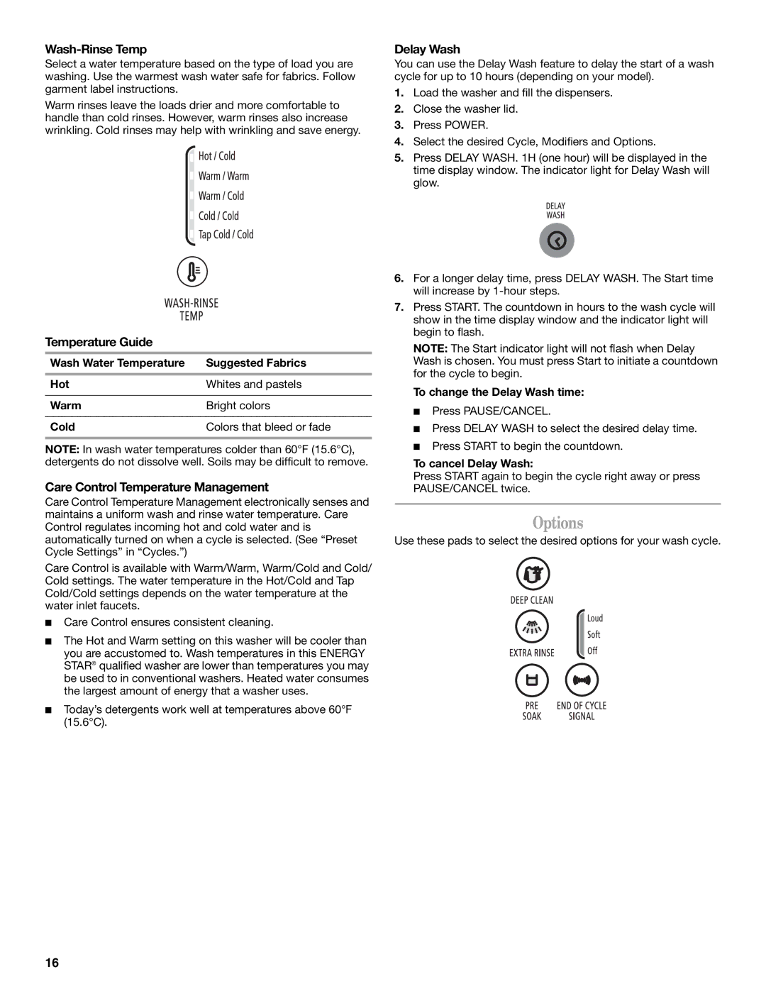 Whirlpool W10113000A Options, Wash-Rinse Temp, Temperature Guide, To change the Delay Wash time, To cancel Delay Wash 