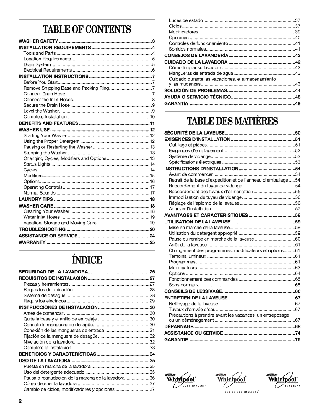 Whirlpool W10113000A manual Índice, Table of Contents 