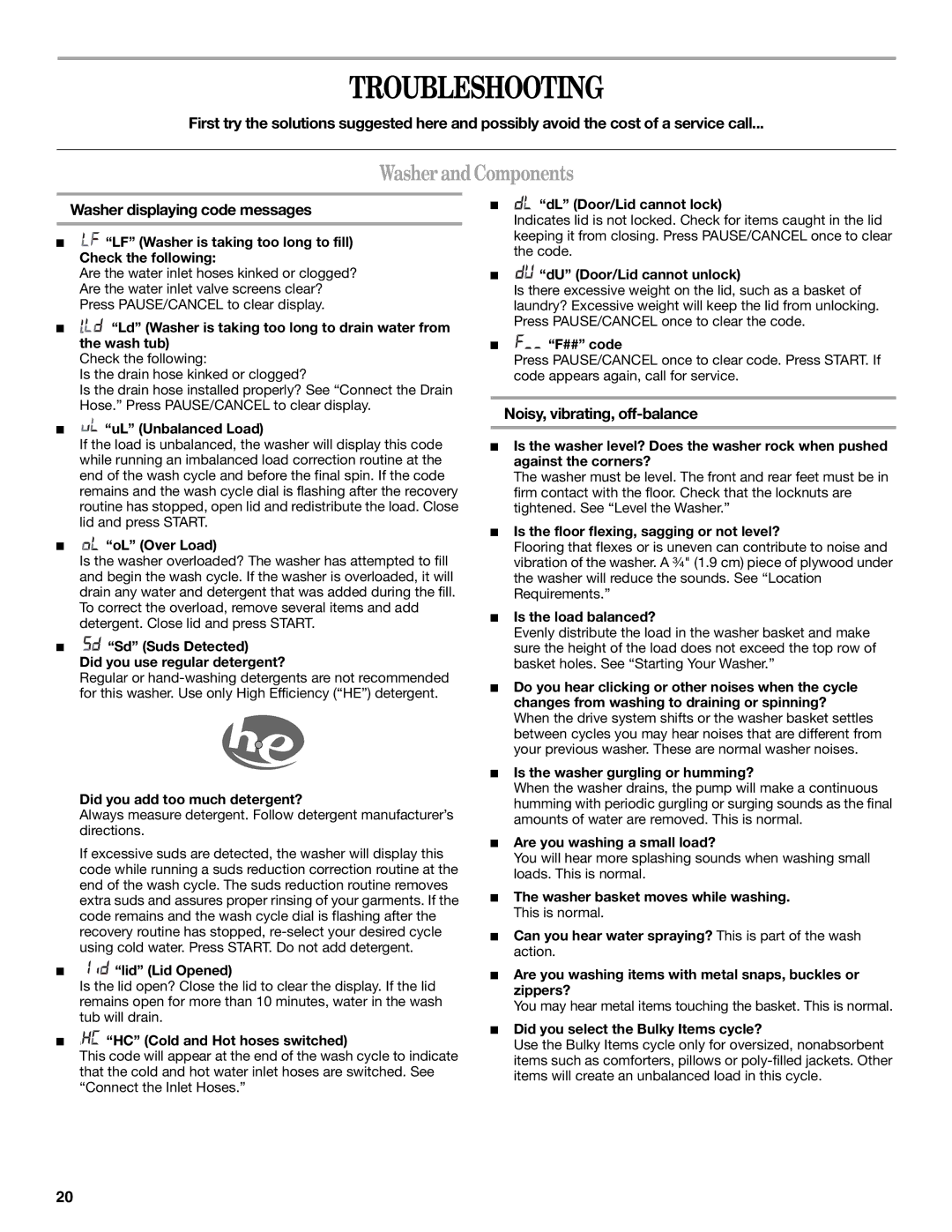 Whirlpool W10113000A Troubleshooting, WasherandComponents, Washer displaying code messages, Noisy, vibrating, off-balance 