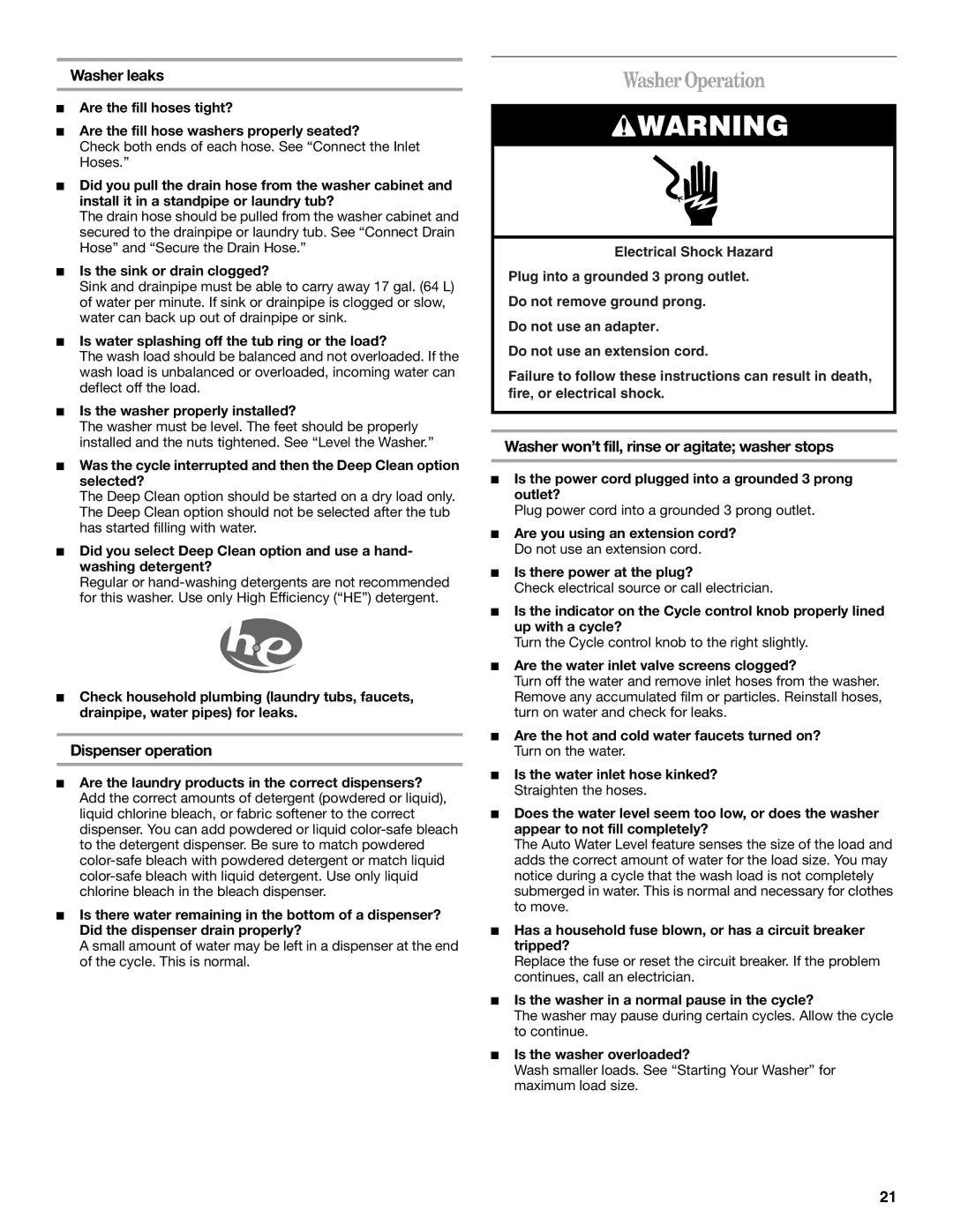 Whirlpool W10113000A WasherOperation, Washer leaks, Dispenser operation, Washer won’t fill, rinse or agitate washer stops 