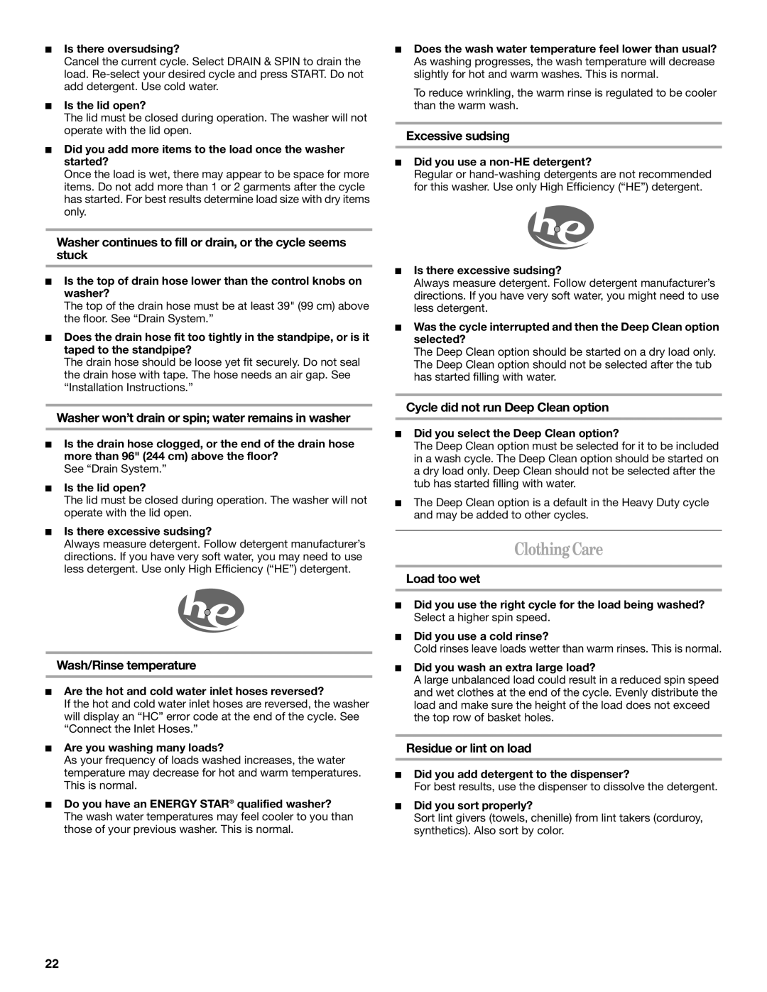 Whirlpool W10113000A manual ClothingCare 