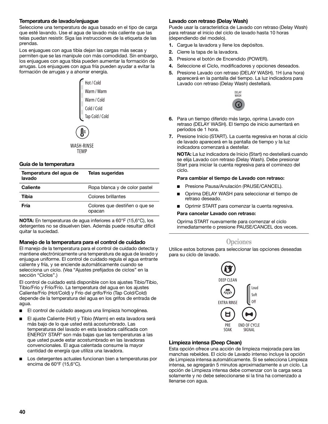 Whirlpool W10113000A manual Opciones, Temperatura de lavado/enjuague, Guía de la temperatura, Limpieza intensa Deep Clean 