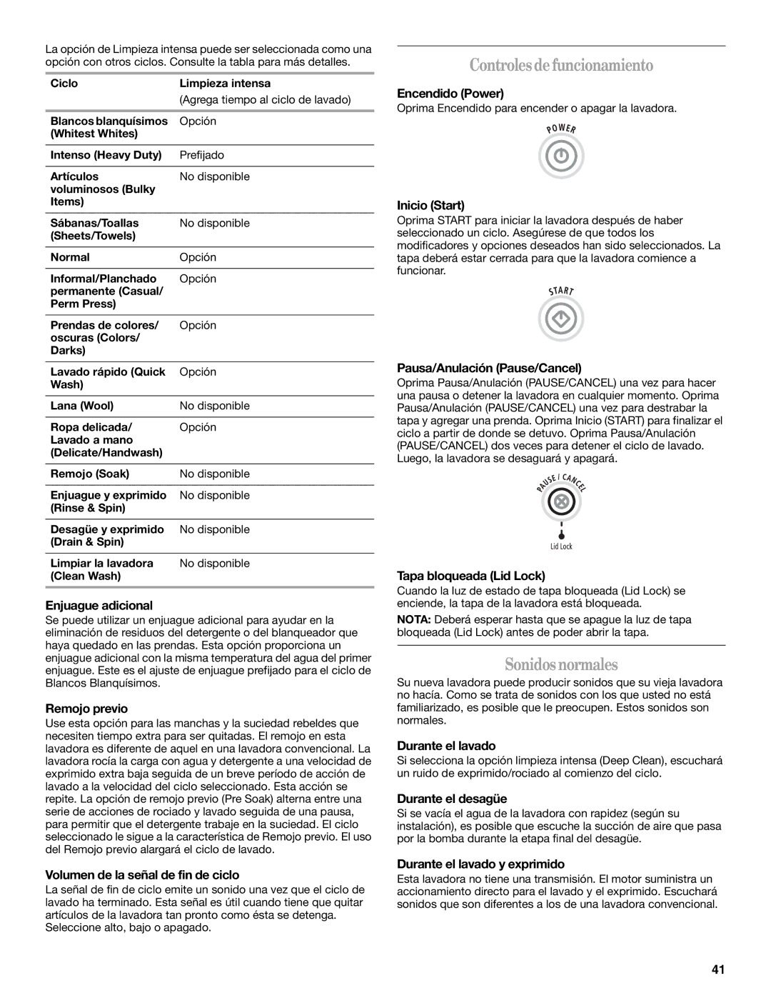 Whirlpool W10113000A manual Controlesdefuncionamiento, Sonidosnormales 