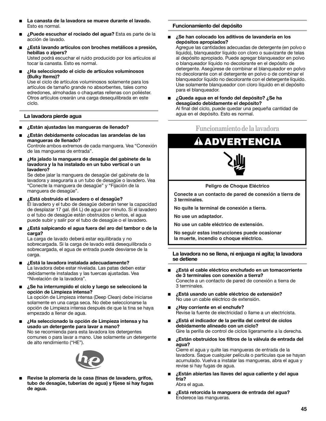 Whirlpool W10113000A manual Funcionamientodelalavadora, La lavadora pierde agua, Funcionamiento del depósito 