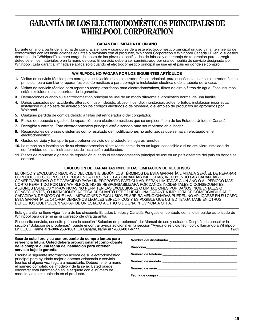 Whirlpool W10113000A manual Whirlpool Corporation, Garantía Limitada DE UN AÑO 