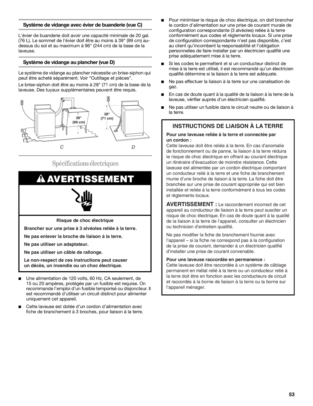 Whirlpool W10113000A manual Spécificationsélectriques, Système de vidange avec évier de buanderie vue C 