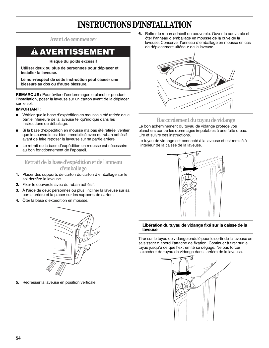 Whirlpool W10113000A manual Instructions Dinstallation, Avantdecommencer, Retraitdelabasedexpéditionetdelanneau Demballage 