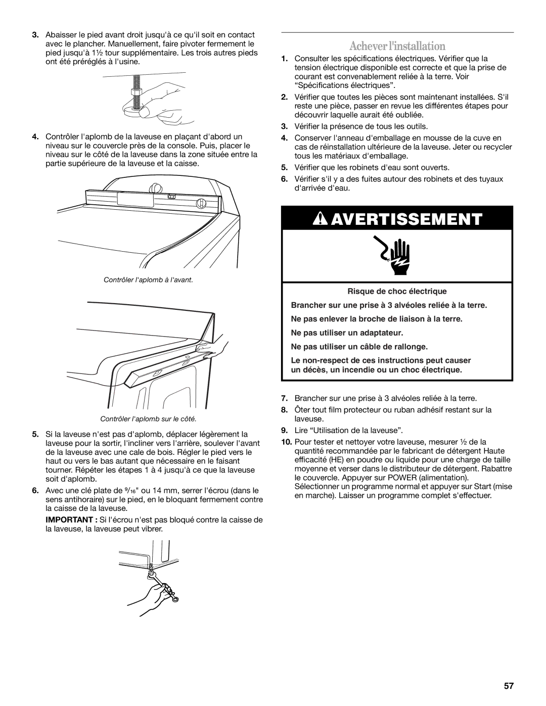 Whirlpool W10113000A manual Acheverlinstallation 