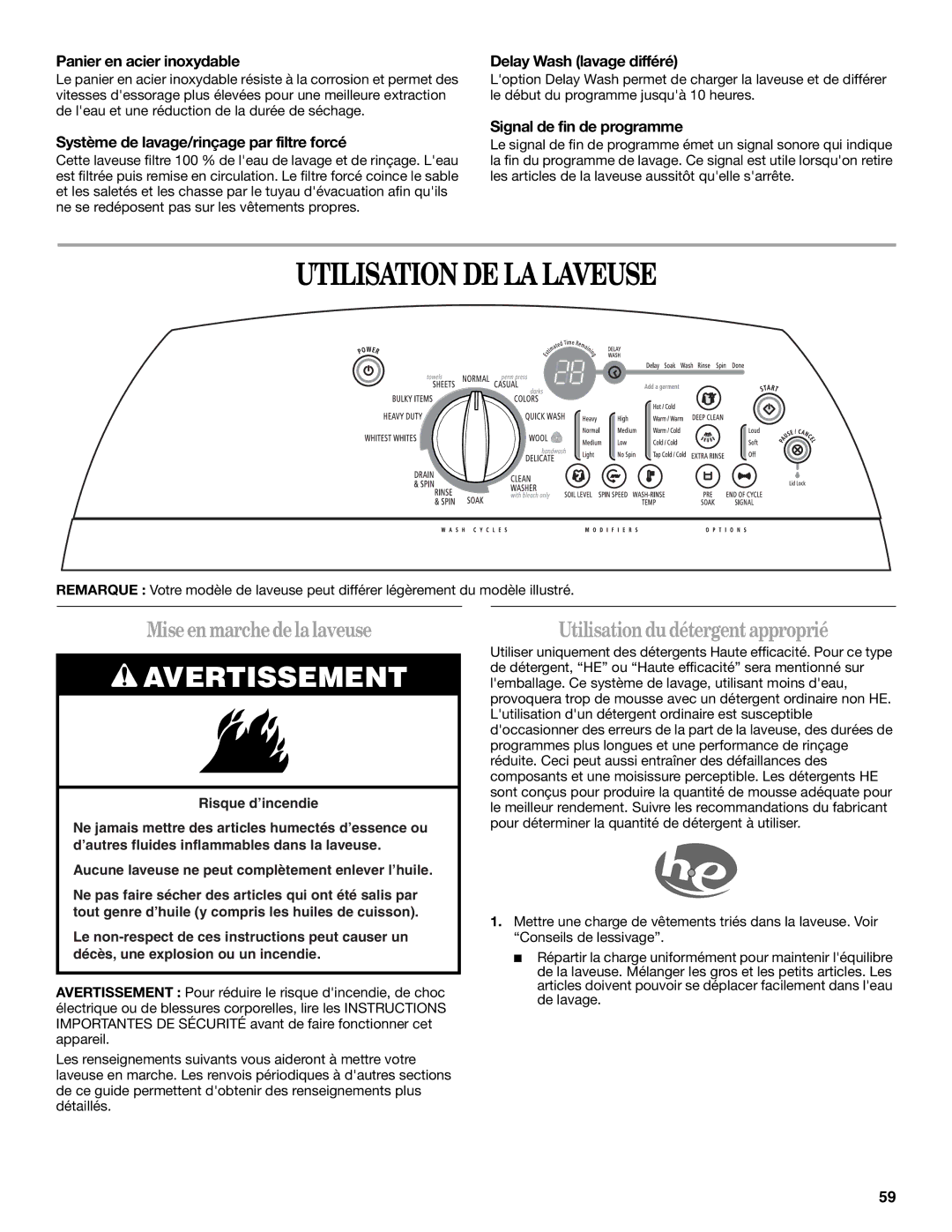 Whirlpool W10113000A manual Utilisation DE LA Laveuse, Miseenmarchedelalaveuse, Utilisationdudétergentapproprié 