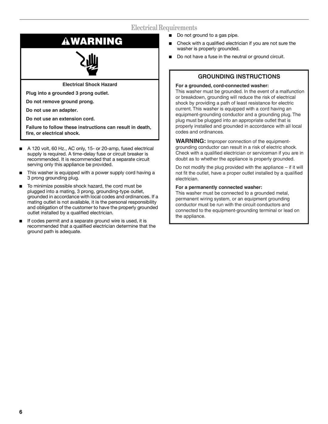 Whirlpool W10113000A manual ElectricalRequirements, Grounding Instructions 