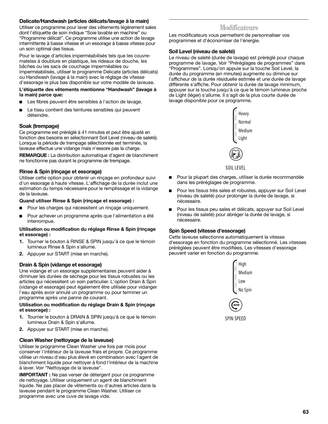 Whirlpool W10113000A manual Modificateurs 