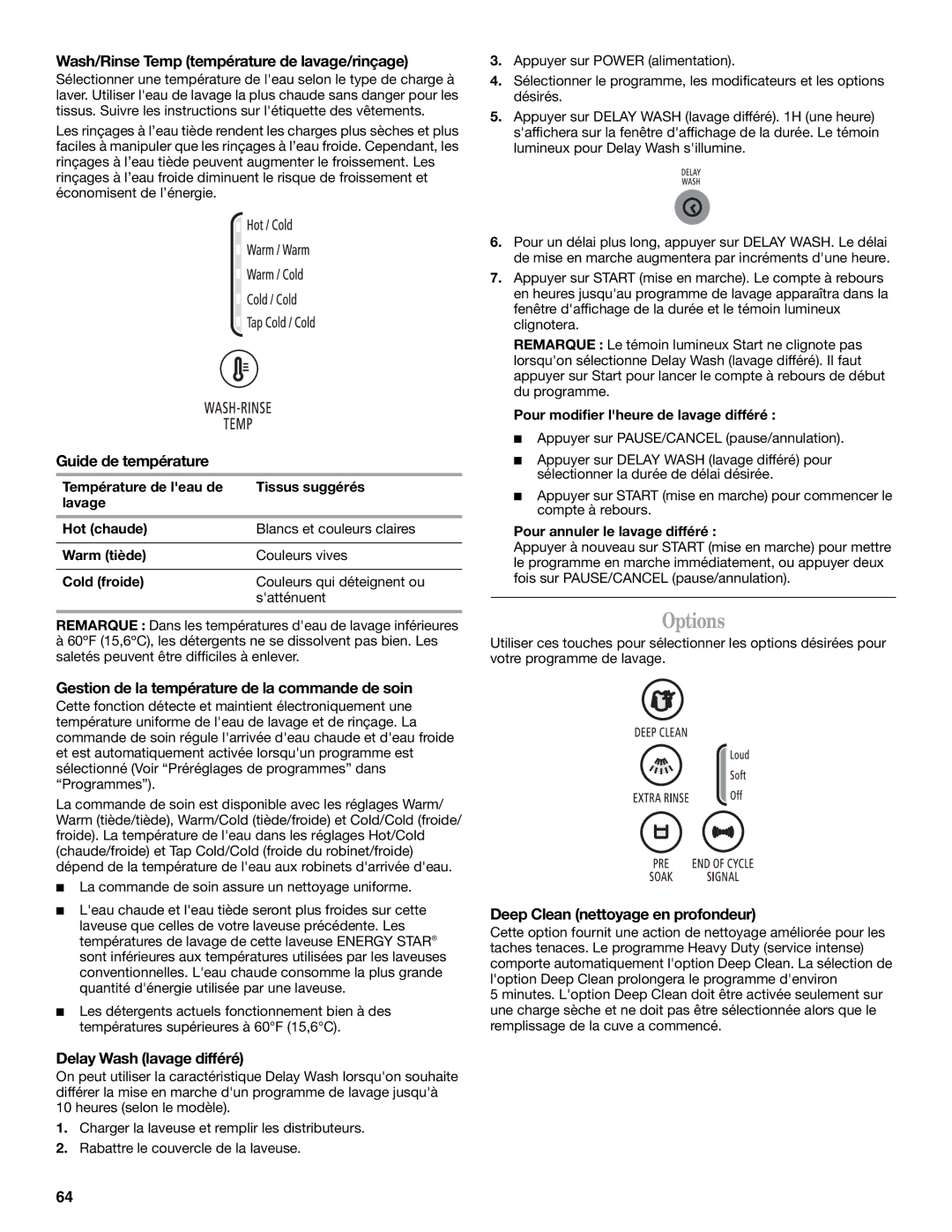 Whirlpool W10113000A Wash/Rinse Temp température de lavage/rinçage, Guide de température, Pour annuler le lavage différé 