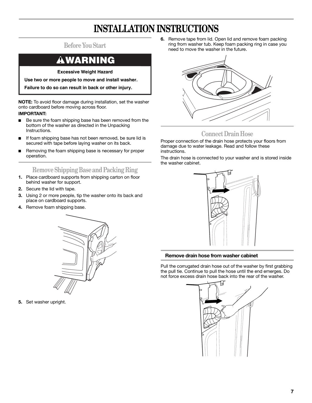 Whirlpool W10113000A manual Installation Instructions, BeforeYouStart, RemoveShippingBaseandPackingRing, ConnectDrainHose 