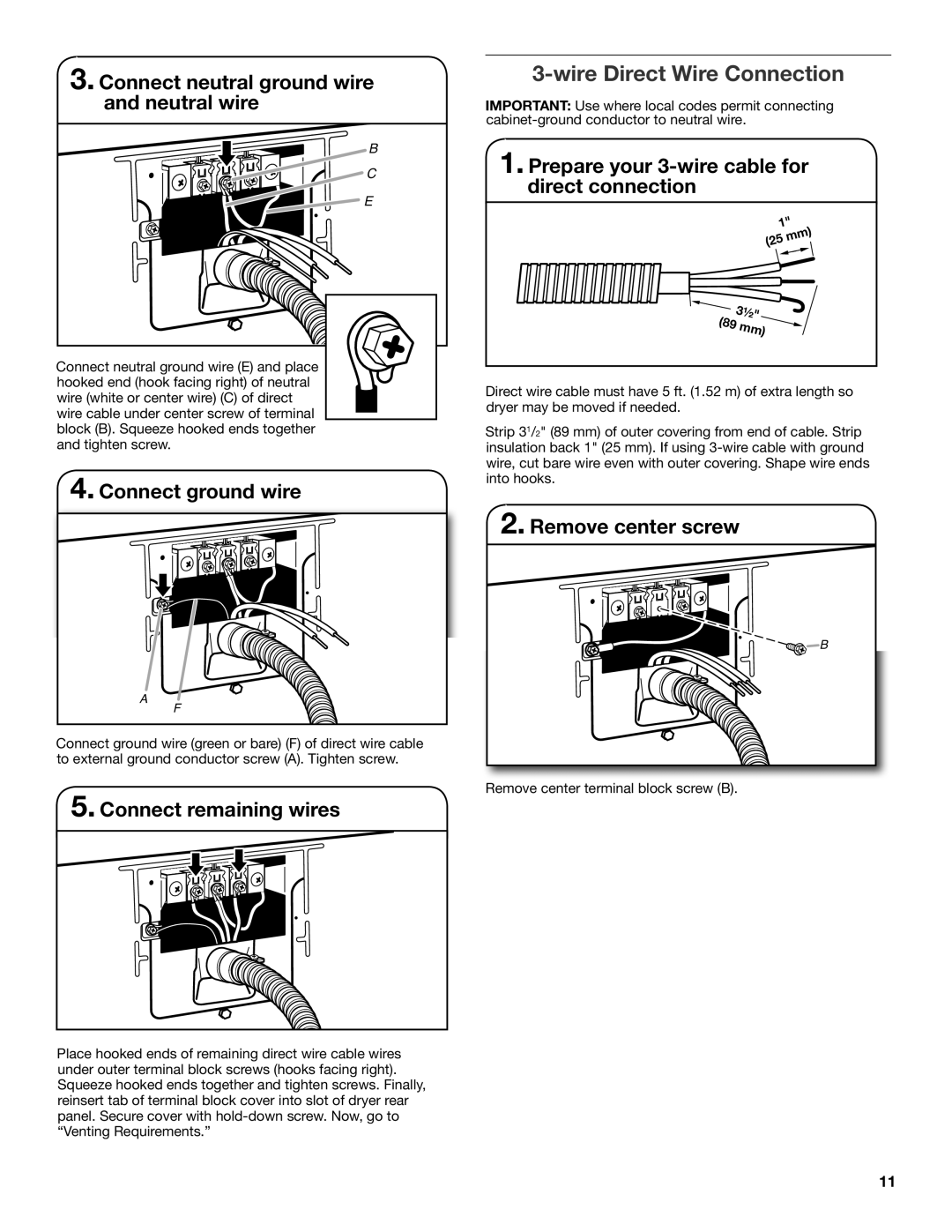 Whirlpool W10115226B Connect neutral ground wire and neutral wire, Prepare your 3-wire cable for direct connection 