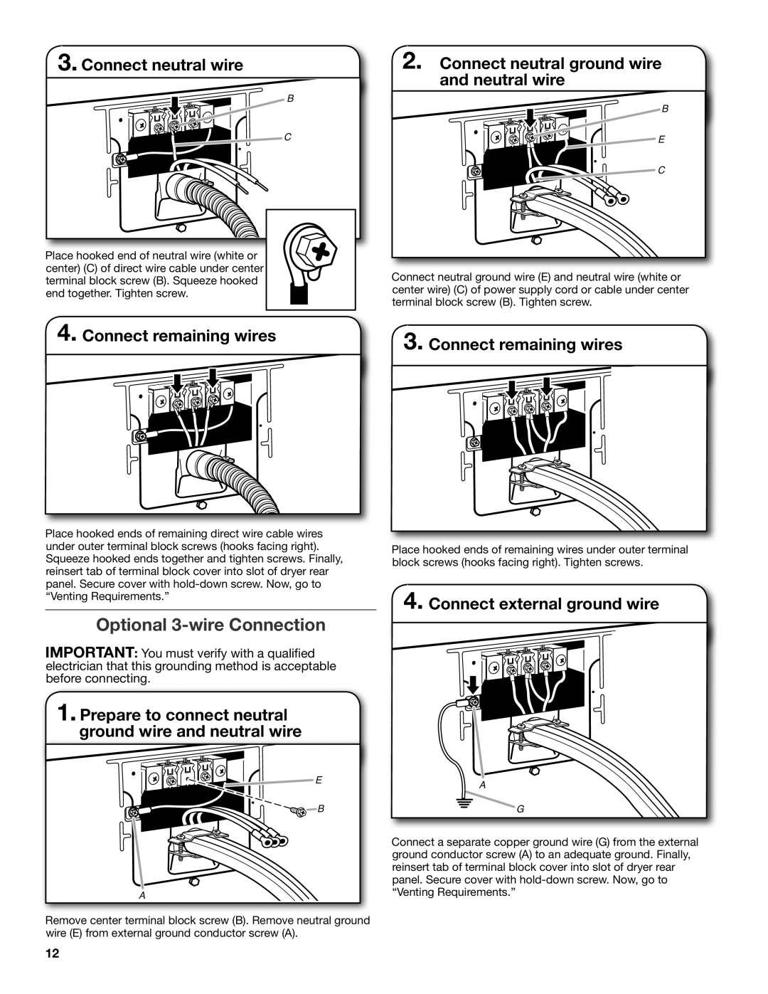 Whirlpool W10115227B-SP, W10115226B installation instructions Optional 3-wire Connection, Connect external ground wire 