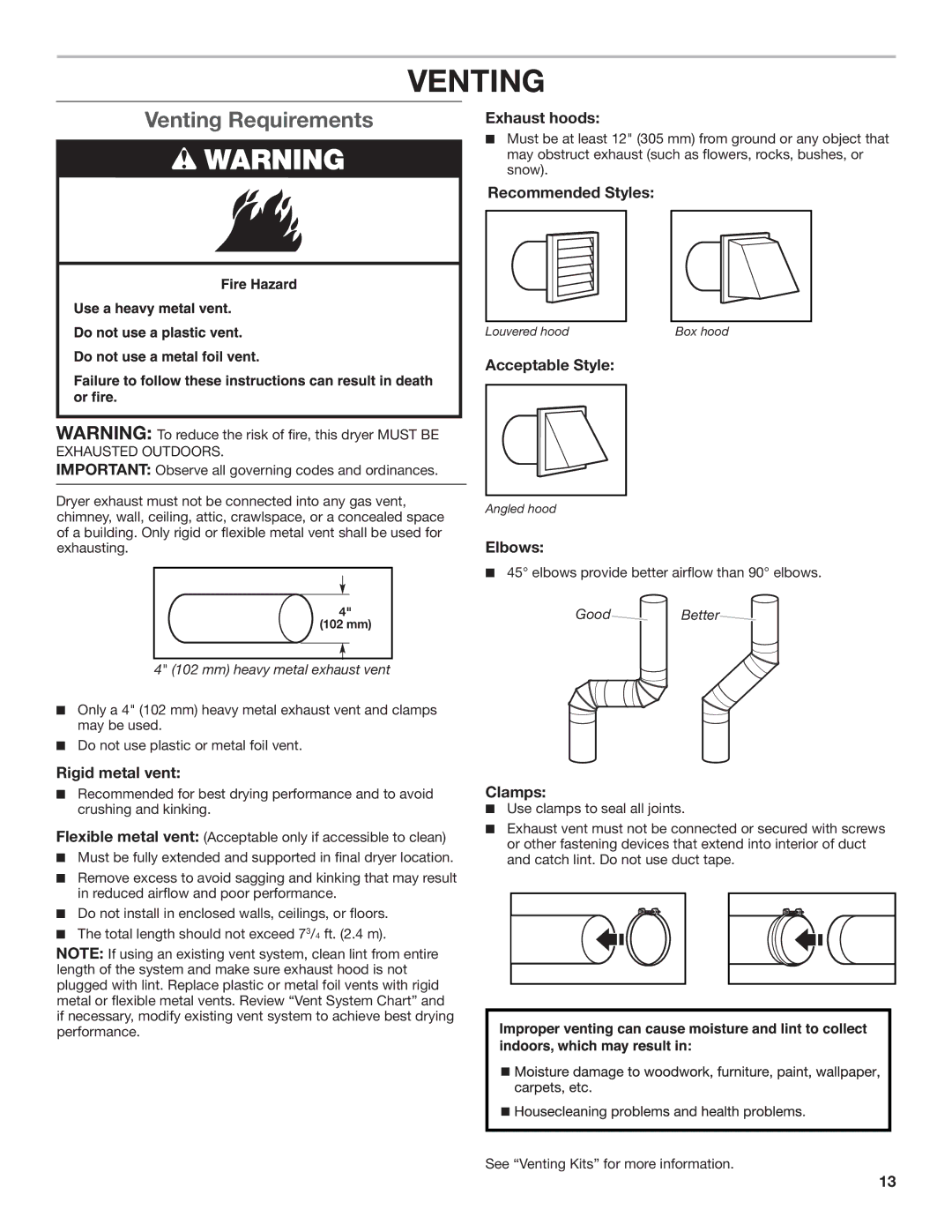 Whirlpool W10115226B, W10115227B-SP installation instructions Venting Requirements 