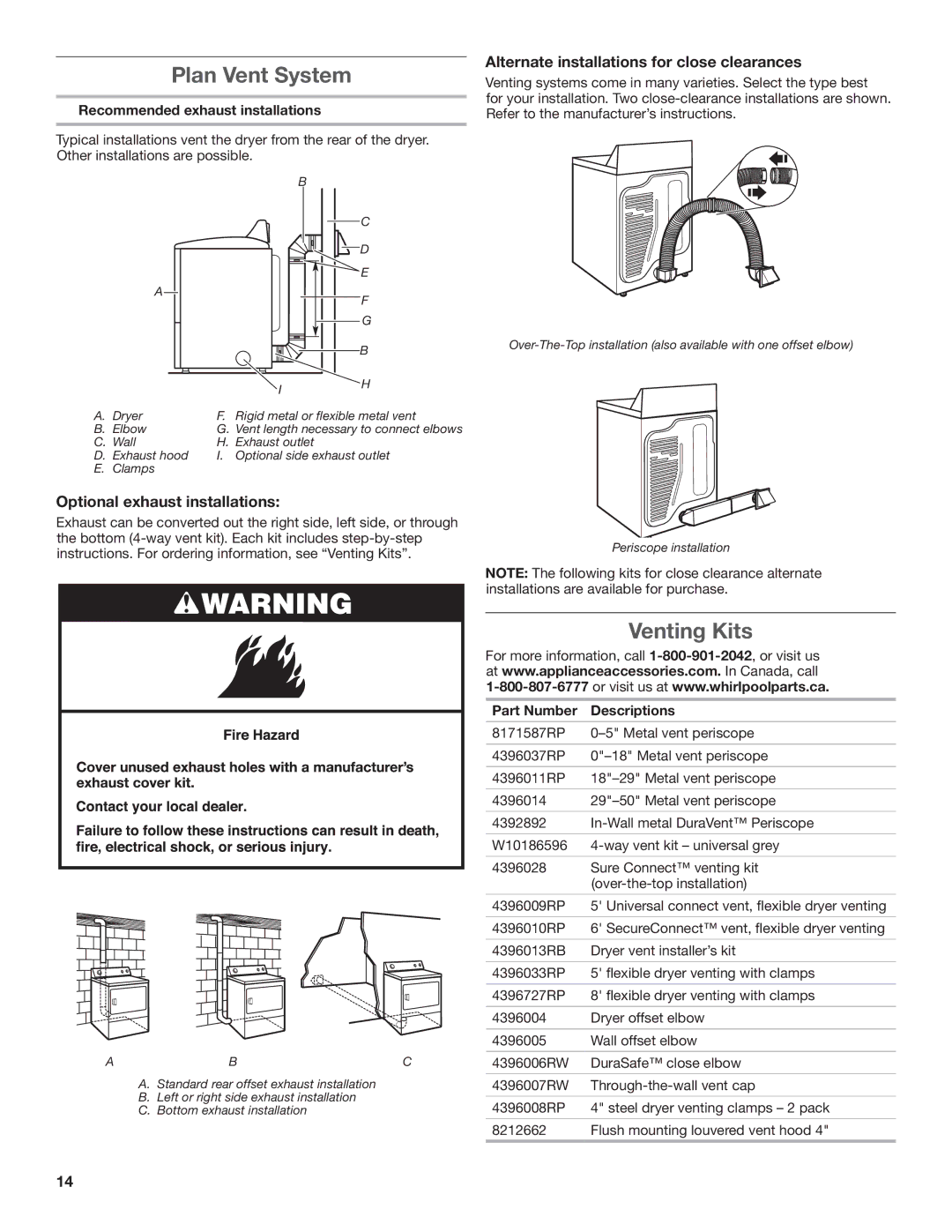 Whirlpool W10115227B-SP, W10115226B installation instructions Plan Vent System, Venting Kits, Optional exhaust installations 